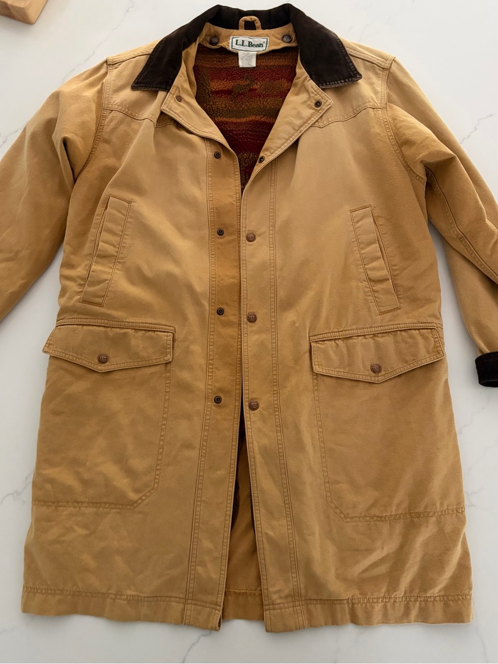 Vintage LL Bean Mens Aztec Fleece Lined Canvas Long Metal Button Duster Coat EUC